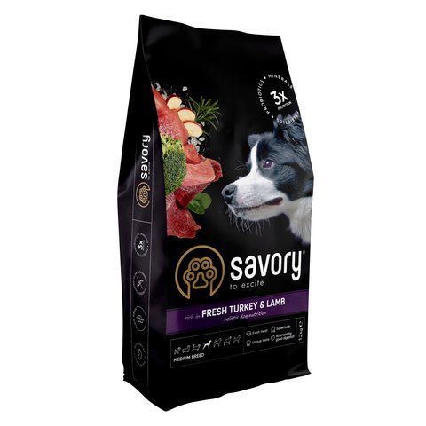 Корм сухий Savory Medium Breed rich in Fresh Turkey and Lamb для дорослих собак середніх порід від 10 до 25 кг зі свіжим ягн 30273 фото