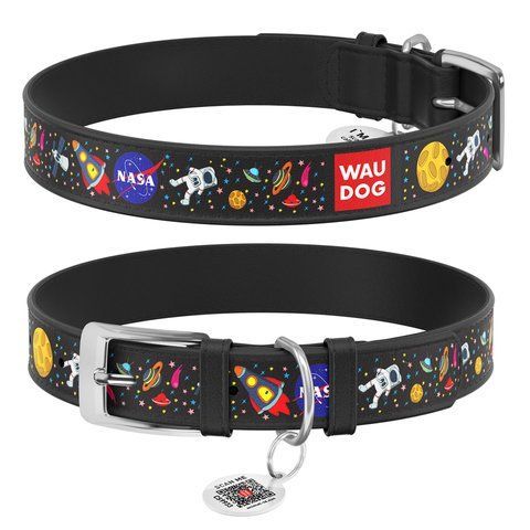 Нашийник для собак шкіряний WAUDOG Design з QR паспортом, малюнок "NASA", S, Ш 15 мм, Дов 26-35 см, чорний 0015-0047-01 фото