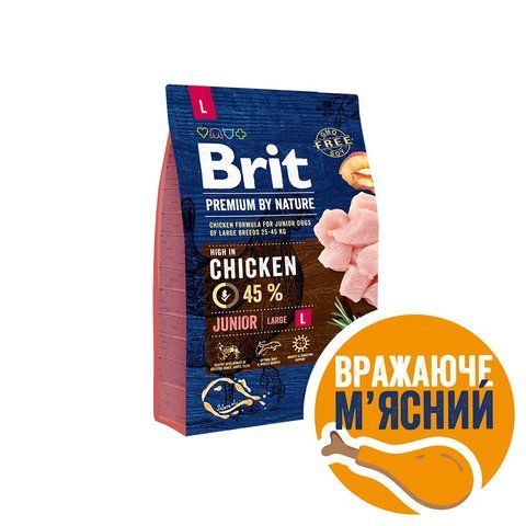 Корм сухий Brit Premium Dog Junior L для цуценят та молодих собак великих порід від 1 до 24 місяців вагою 25-45 кг з куркою 170823/6420 фото