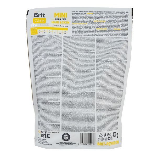 Корм сухий Brit Care Grain Free Mini Hair Skin для собак мніатюрних порід для шкіри та шерсті з лососем та оселедцем 400 г 170783/0237 фото