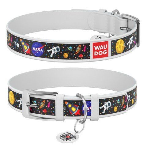 Нашийник для собак шкіряний WAUDOG Design з QR паспортом, малюнок "NASA", XL, Ш 35 мм, Дов 46-59 см, білий 0035-0047-15 фото